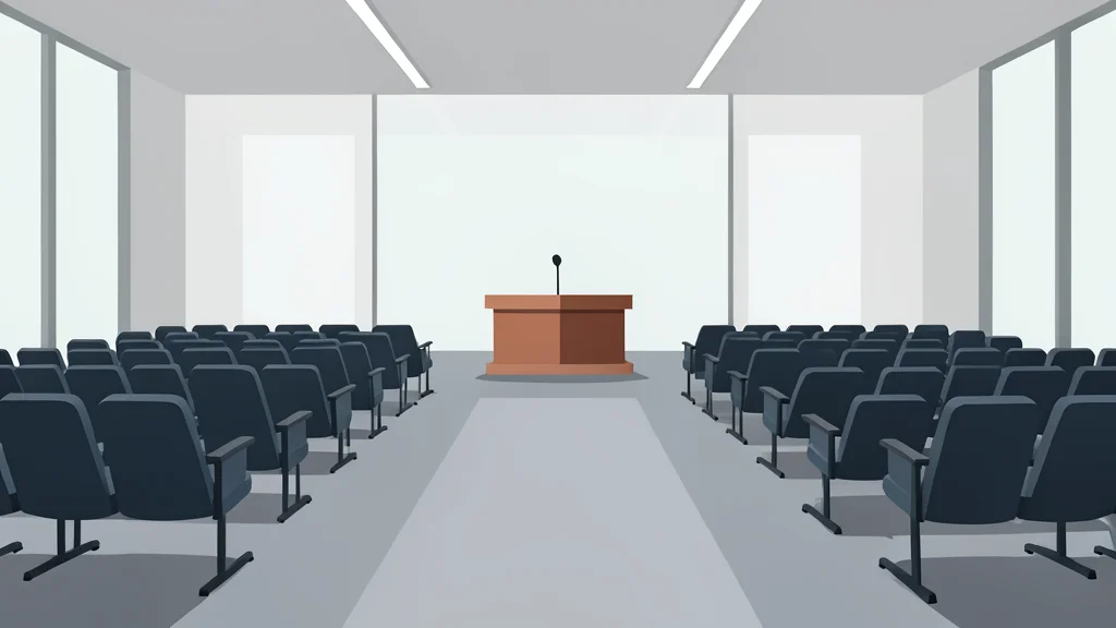 A modern conference hall with rows of empty chairs and a central podium, symbolizing the BRICS summit venue.