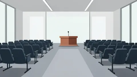 A modern conference hall with rows of empty chairs and a central podium, symbolizing the BRICS summit venue.
