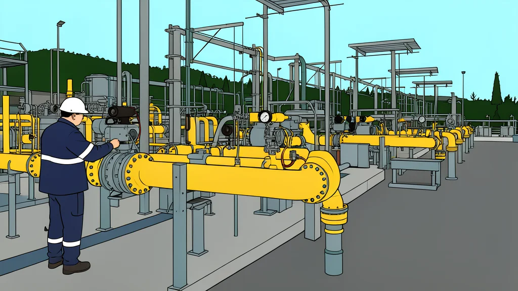 A network of large-diameter steel gas pipes running through a grassy field