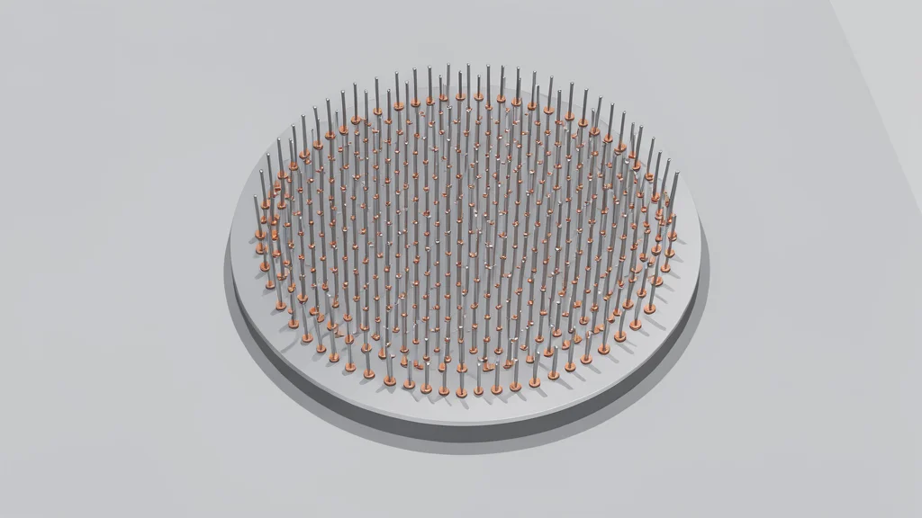 A flat-vector illustration of a semiconductor wafer probe card with fine metal pins on a cleanroom workbench.
