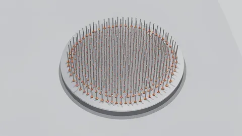 A flat-vector illustration of a semiconductor wafer probe card with fine metal pins on a cleanroom workbench.