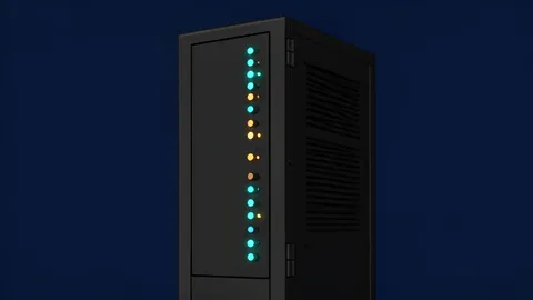 A row of industrial server racks with blinking status lights in a dark data center