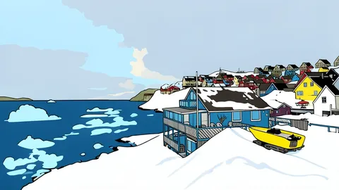A flat vector illustration of jagged icebergs floating in dark blue arctic waters under a pale sky.
