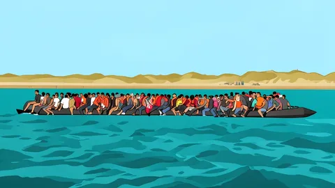 A small rubber dinghy floating on choppy blue water