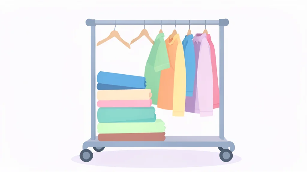 A clothing rack filled with folded garments in a retail store