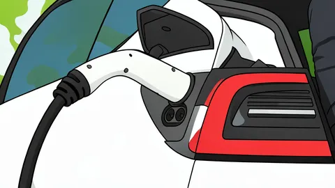 A white electric vehicle plugged into a wall-mounted charging unit in a residential driveway