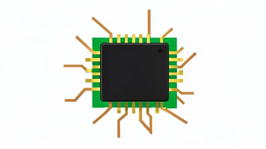 A small, square electronic circuit board with a central black chip and metallic connectors