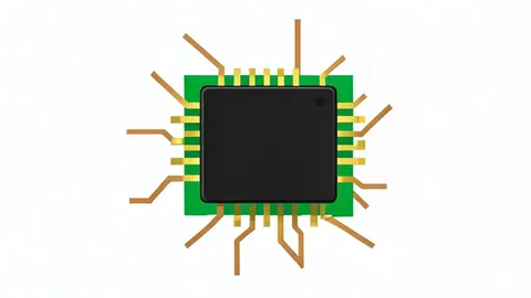 A small, square electronic circuit board with a central black chip and metallic connectors