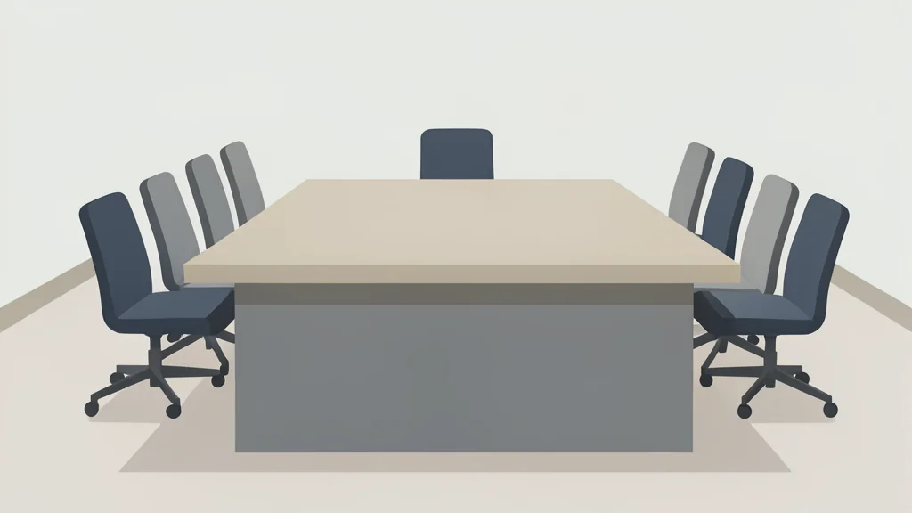 A minimalist vector illustration of a long conference table with chairs in a neutral room.