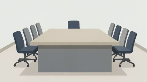 A minimalist vector illustration of a long conference table with chairs in a neutral room.