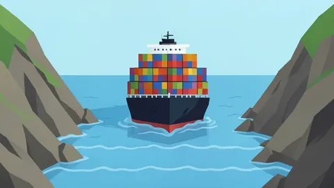 A flat vector illustration of a container ship moving through a narrow strait between rocky coastlines