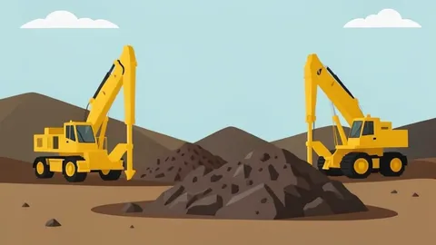 A flat vector illustration of a gold mining site featuring heavy drilling rigs and distinct piles of raw ore in earthy tones.