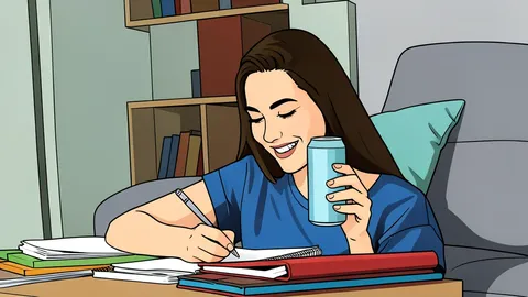 A glass bottle filled with dark carbonated liquid and a can of energy drink sitting on a wooden table