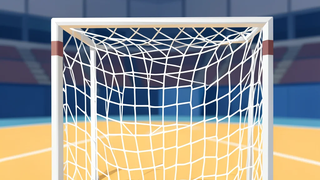 A dynamic vector illustration of a handball ball striking a net, set against the stylized lines of an indoor arena floor.