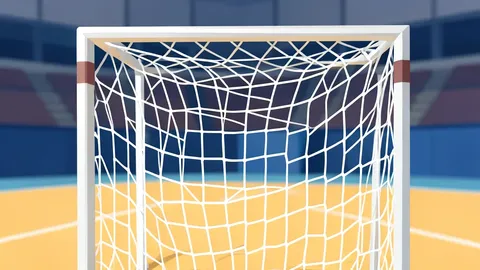 A dynamic vector illustration of a handball ball striking a net, set against the stylized lines of an indoor arena floor.