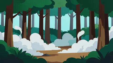 A dense forest landscape with smoke rising from the ground.