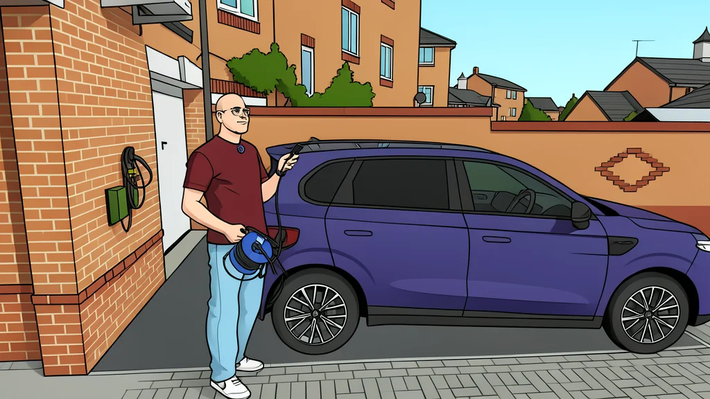 A compact electric SUV parked in a driveway with a cable extending from its charging port to a household appliance