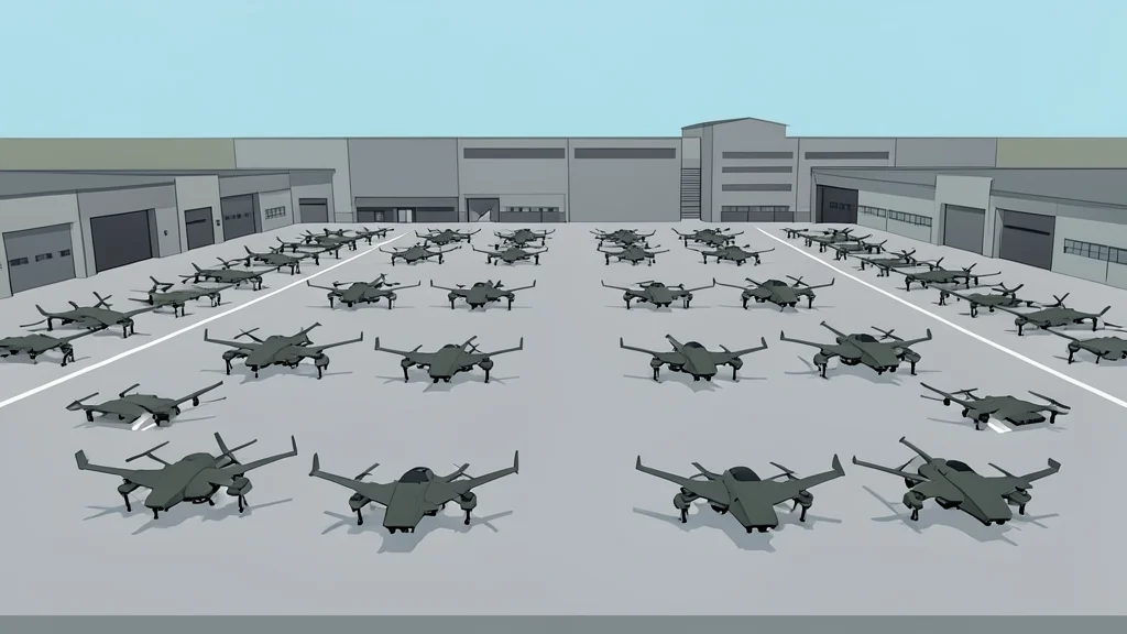 A military training facility with rows of unmanned aerial vehicles on the ground