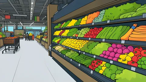 A long aisle in a grocery store stocked with shelves of canned goods and packaged food items.