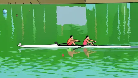 A wooden rowing shell resting on a grassy bank beside a calm lake