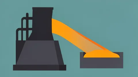 A stylized flat vector illustration of a steel mill with glowing molten metal flowing from a furnace.