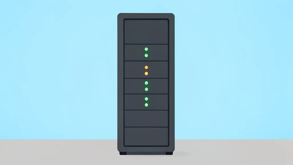 A modern server rack with a vertical row of small, glowing status lights in green and amber.
