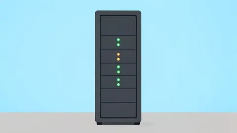 A modern server rack with a vertical row of small, glowing status lights in green and amber.