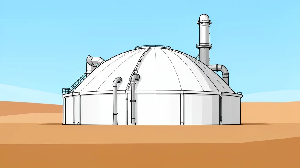 A large white dome-shaped containment building with industrial piping in an arid landscape.