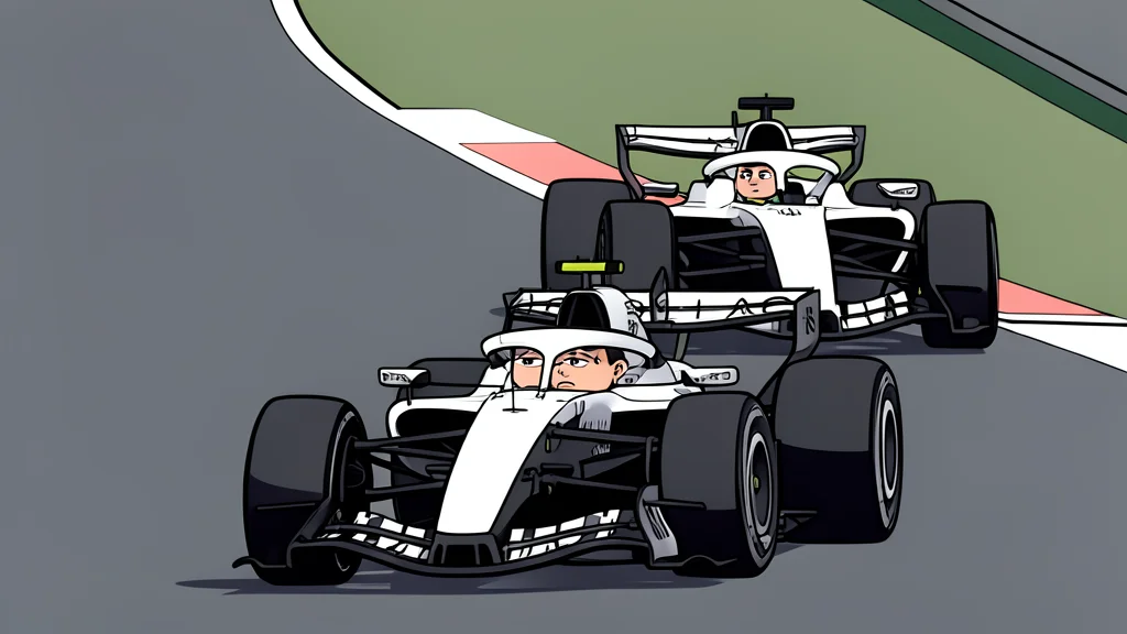 A stylized Formula 1 car speeding along a curved racetrack with motion lines.