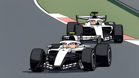 A stylized Formula 1 car speeding along a curved racetrack with motion lines.