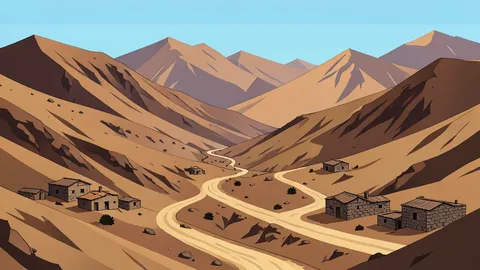 The rugged, arid mountainous terrain of northern Yemen with winding dirt roads and scattered stone buildings