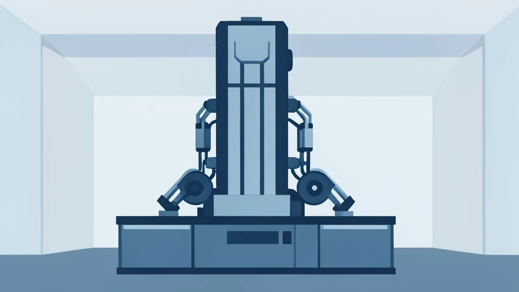 A flat vector illustration of a complex industrial lithography machine with vertical columns and mechanical arms in a cleanroom setting.