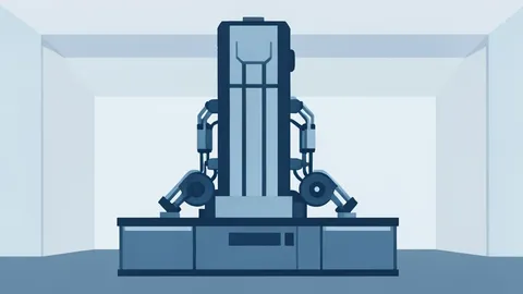 A flat vector illustration of a complex industrial lithography machine with vertical columns and mechanical arms in a cleanroom setting.