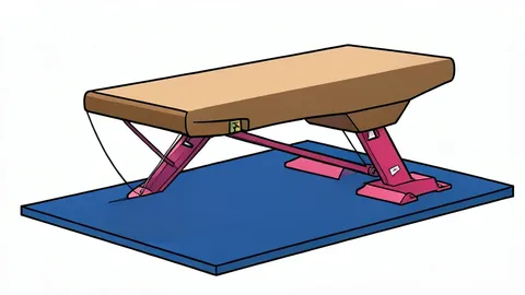 A flat-vector illustration of a gymnastics vaulting apparatus and parallel bars in a competition hall, with no people or text present.