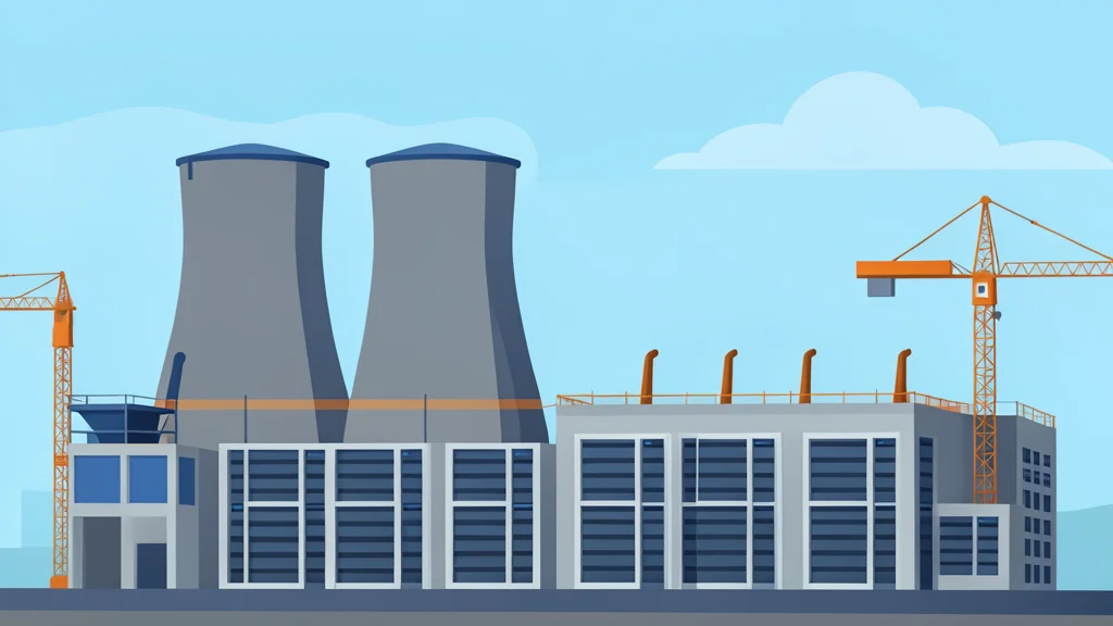 A flat-vector illustration of a vast industrial complex with cooling towers and server halls under construction.