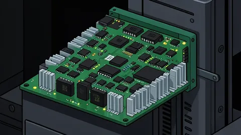 A row of industrial server racks with blinking status lights in a dimly lit data center
