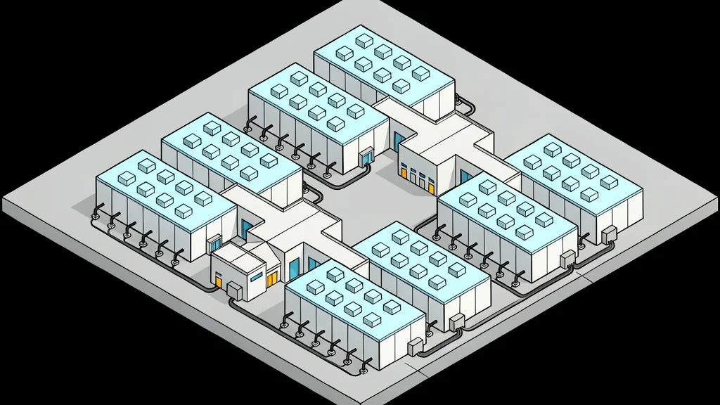 A large industrial data center facility with rows of server racks and cooling units