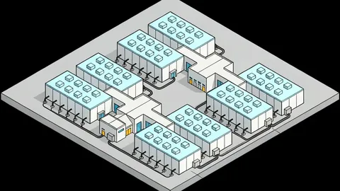A large industrial data center facility with rows of server racks and cooling units