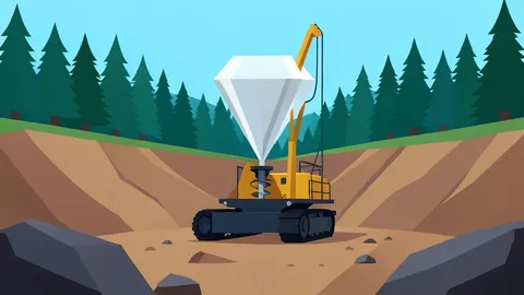 A diamond drill rig standing on a rocky, open-pit mining site in a northern forest landscape