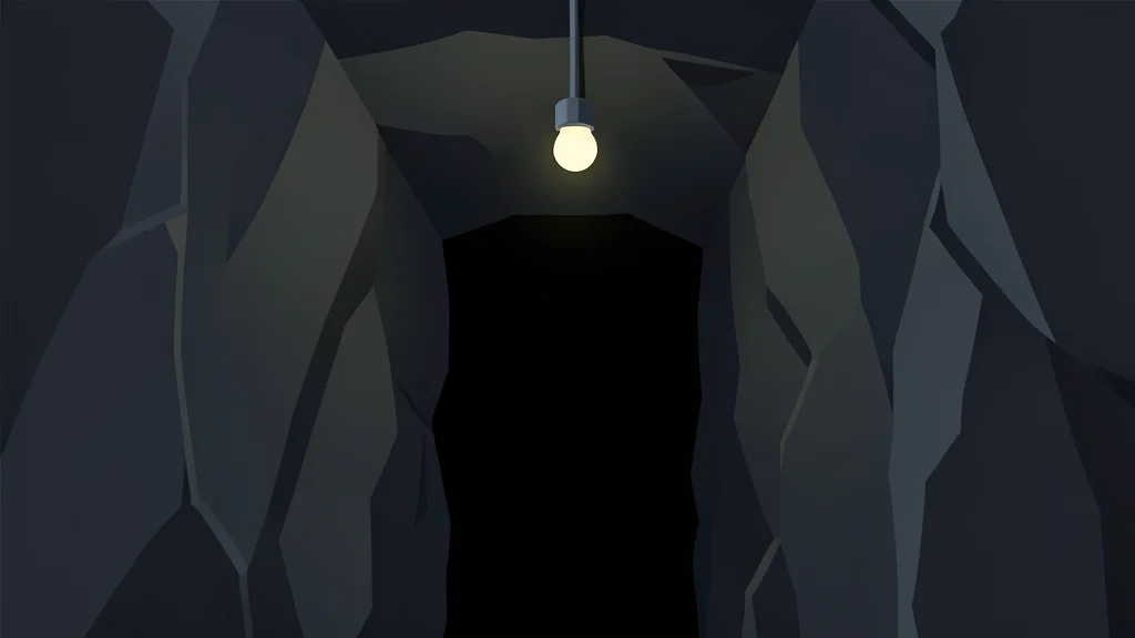 A dark, narrow mine shaft with rough rock walls and a single hanging light bulb