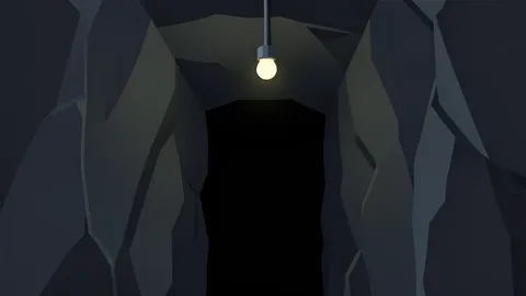 A dark, narrow mine shaft with rough rock walls and a single hanging light bulb