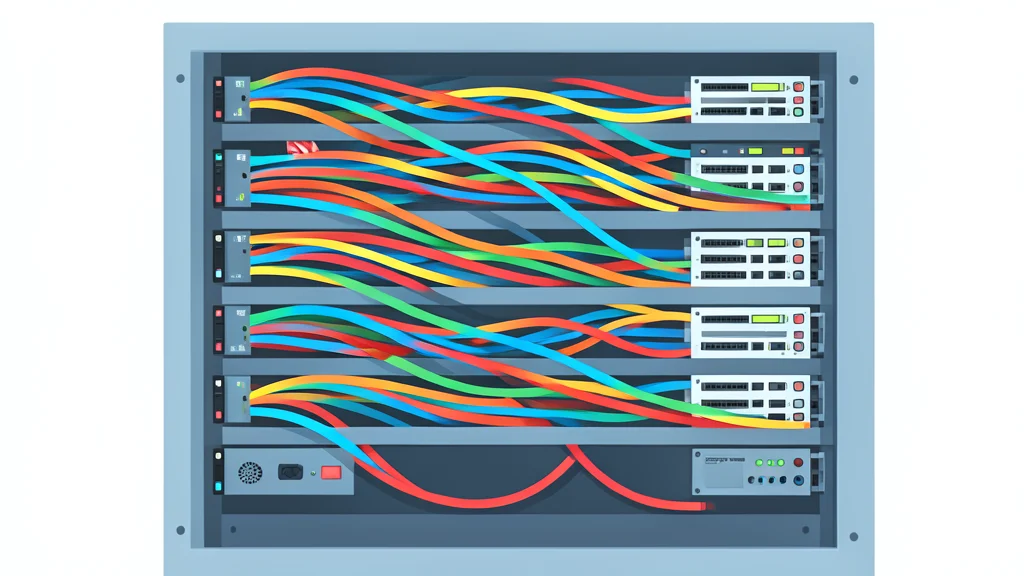 A flat vector illustration of a server rack with organized optical fiber cables and switching hardware in a data center.