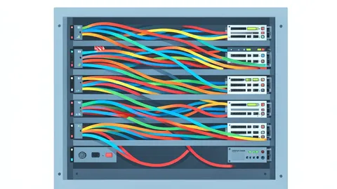 A flat vector illustration of a server rack with organized optical fiber cables and switching hardware in a data center.