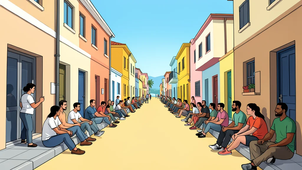 A narrow, sun-bleached street in a coastal enclave lined with low-rise buildings and crowded with people sitting on the pavement