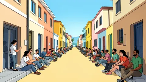 A narrow, sun-bleached street in a coastal enclave lined with low-rise buildings and crowded with people sitting on the pavement