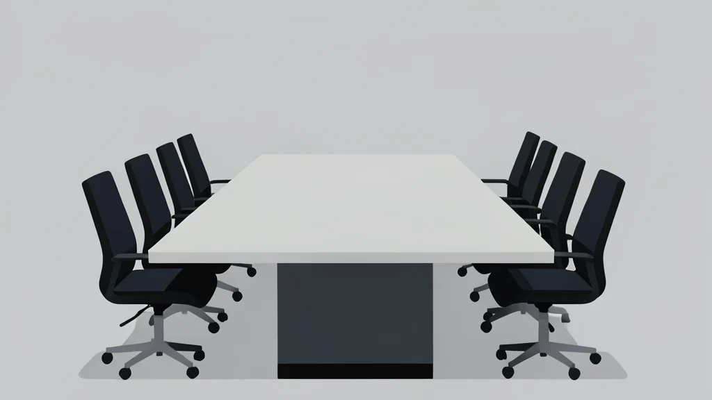 A minimalist vector illustration of a long rectangular conference table surrounded by simple chairs in a neutral room.