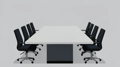 A minimalist vector illustration of a long rectangular conference table surrounded by simple chairs in a neutral room.