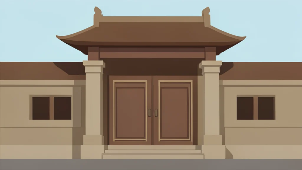 A traditional Chinese bank building with a large ornate gate and stone pillars.