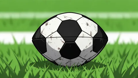 A flat-vector illustration of a green football pitch with white boundary lines and a goal net in the background.
