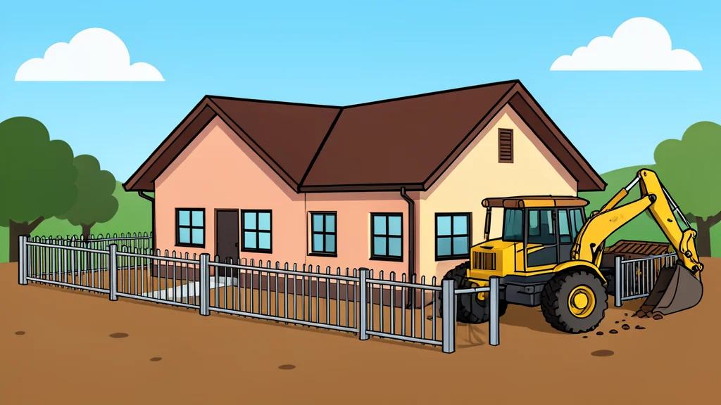 A rural village house surrounded by metal fencing and heavy earth-moving machinery